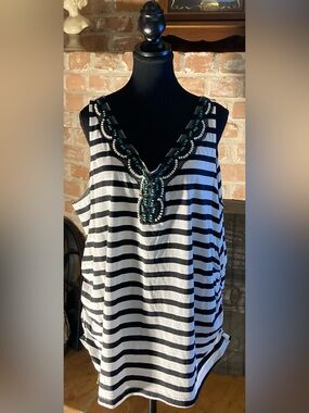 Lane Bryant Black & White Striped Tank with Turquoise Beaded V-Neck